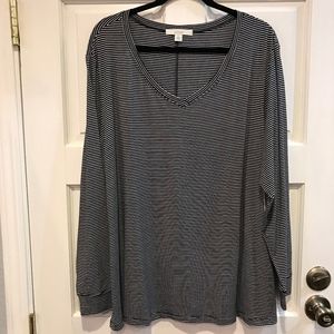 Sejour Black White Stripe Long Sleeve V Neck Tunic